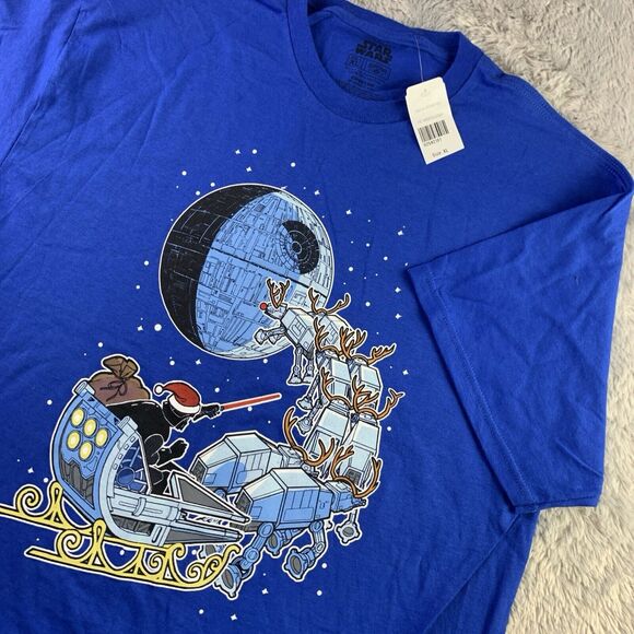 Star Wars Shirt Mens Extra Large Blue Christmas Vader Death Star At-At Walkers - Picture 1 of 8